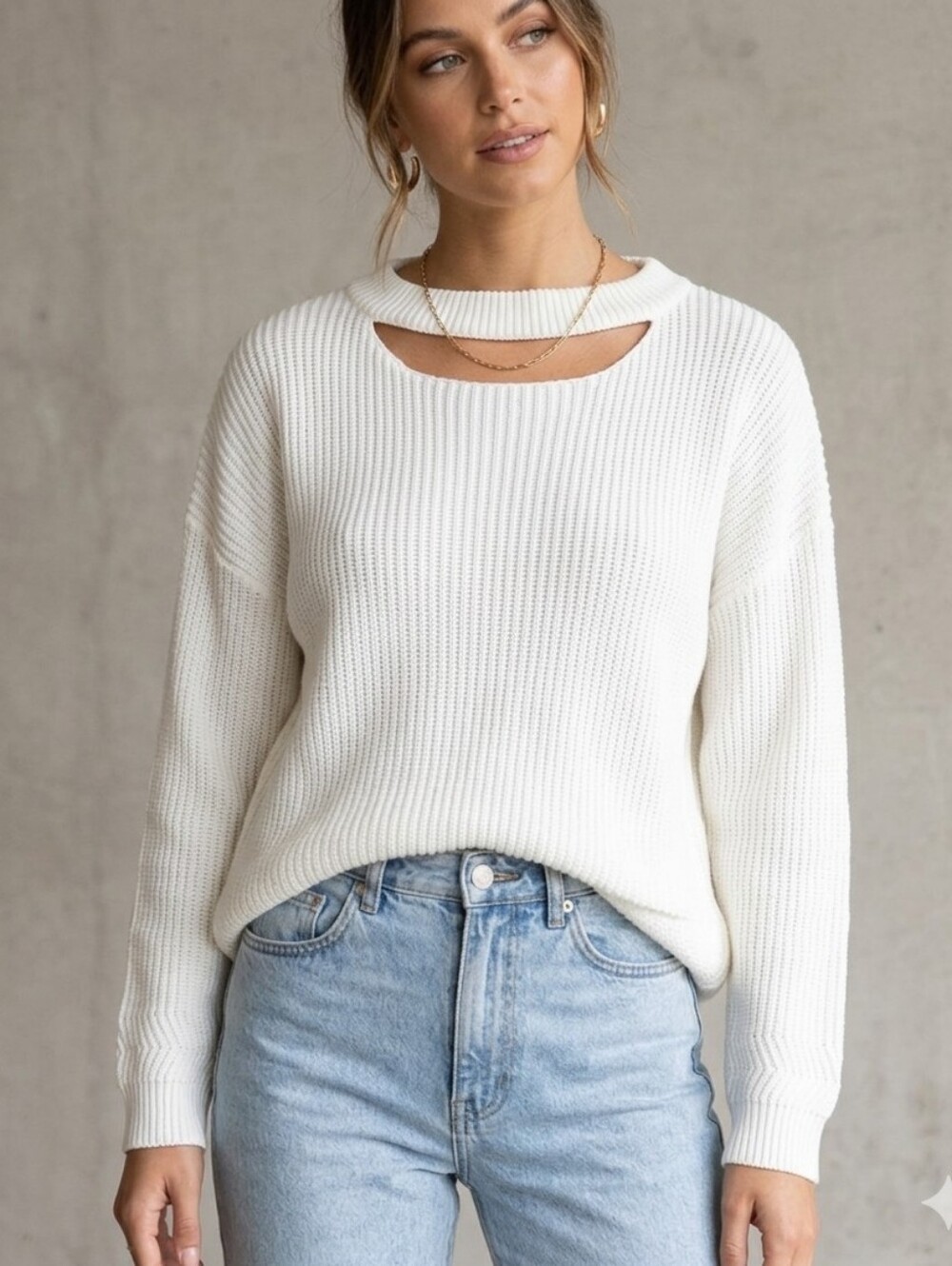 White Rib Knit Slouchy Sweater With Grommet Lace Up Back
